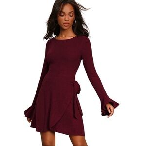Lulus Favorite Tune Burgundy Faux Wrap Sweater Dress
